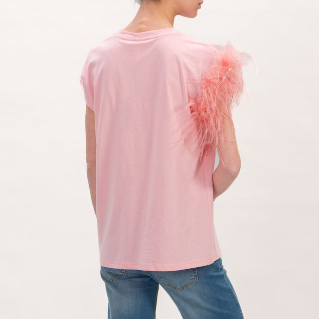 Tensione in-T-shirt smanicata piume - rosa