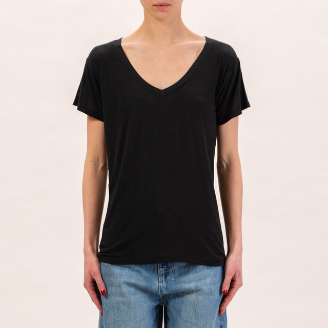 Zeroassoluto-T-shirt scollo v in seta - nero
