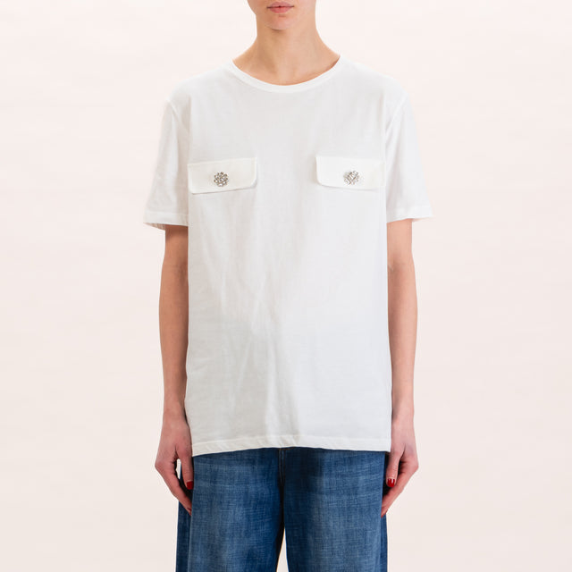 Tensione in-T-shirt tasche bottoni gioiello - bianco