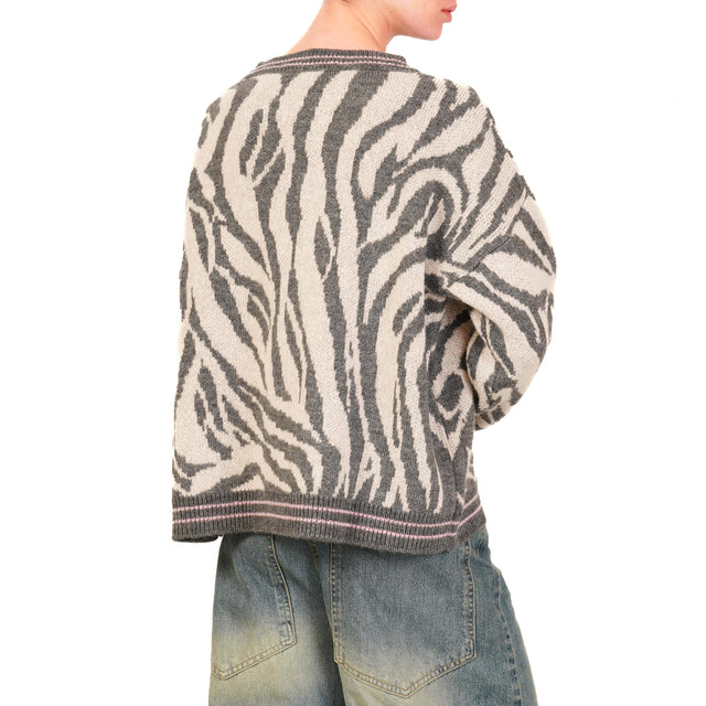 Haveone-Maglia mohair girocollo animalier - antracite/panna/rosa