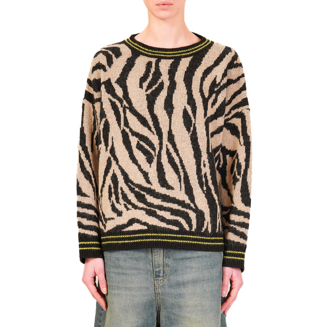 Haveone-Maglia mohair girocollo animalier - nero/beige/lime