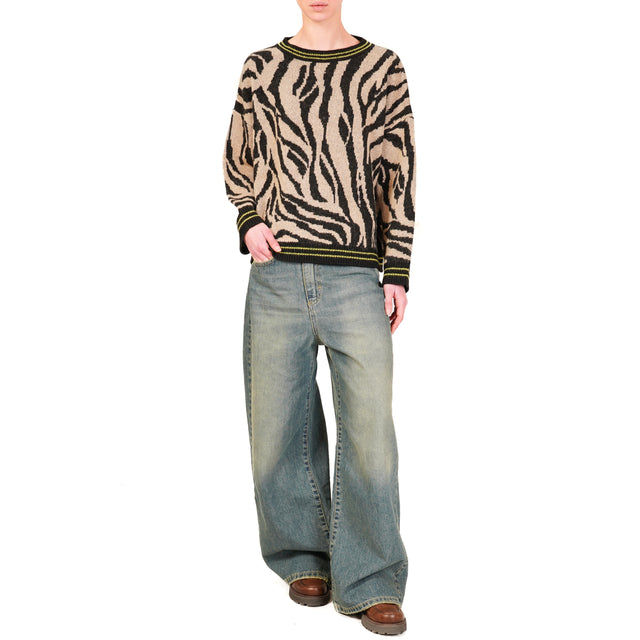 Haveone-Maglia mohair girocollo animalier - nero/beige/lime