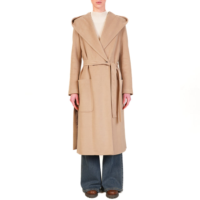 Tension in- Double-breasted coat with hood - camel