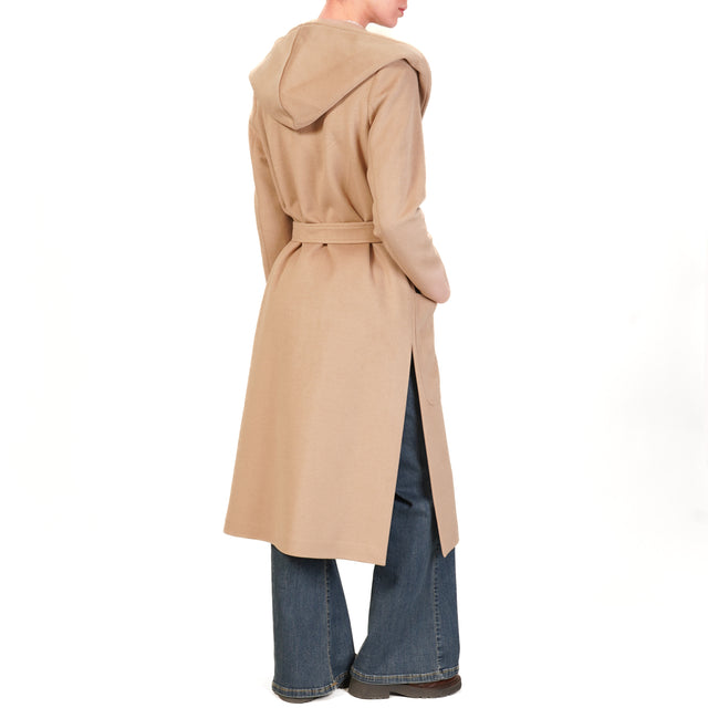 Tension in- Double-breasted coat with hood - camel