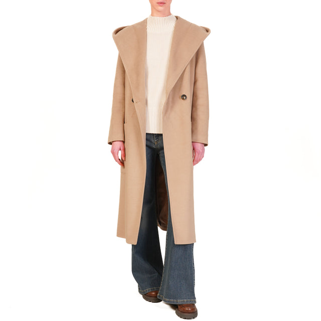 Tension in- Double-breasted coat with hood - camel