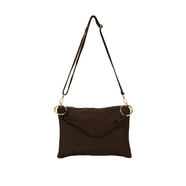 W by Whitemood-Suede Leather Shoulder Bag - Dark Brown