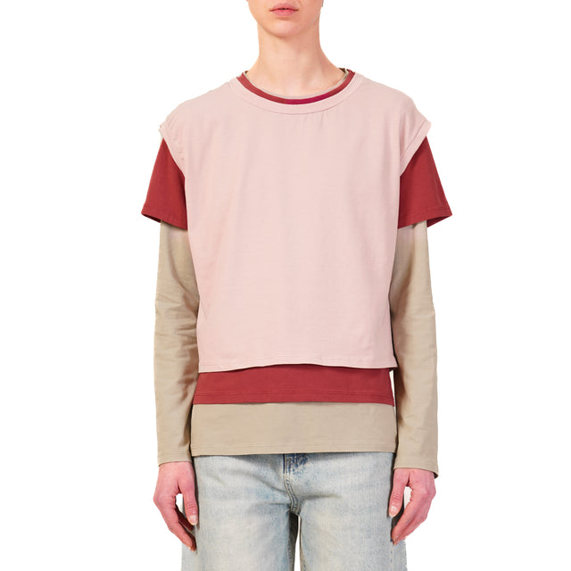 Zeroassoluto-Set tre t-shirt in jersey elasticizzato - rosa/cherry/taupe