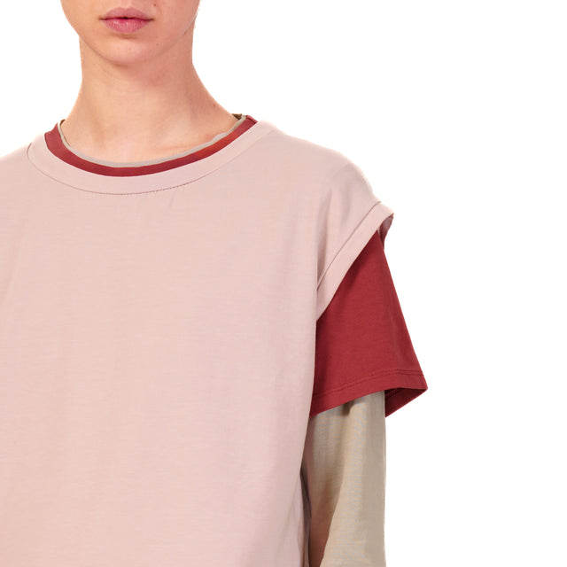 Zeroassoluto-Set tre t-shirt in jersey elasticizzato - rosa/cherry/taupe