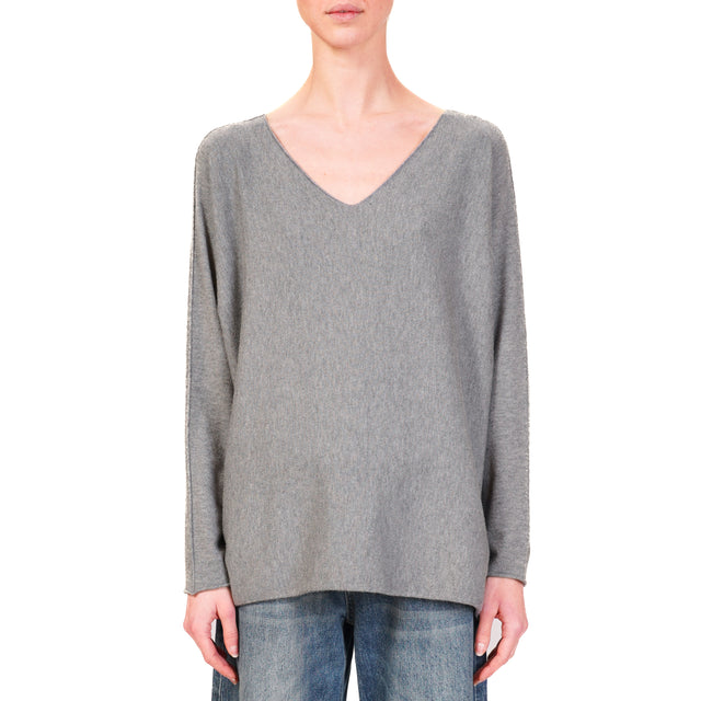 Zeroassoluto-V-neck sweater with side slits - medium grey melange