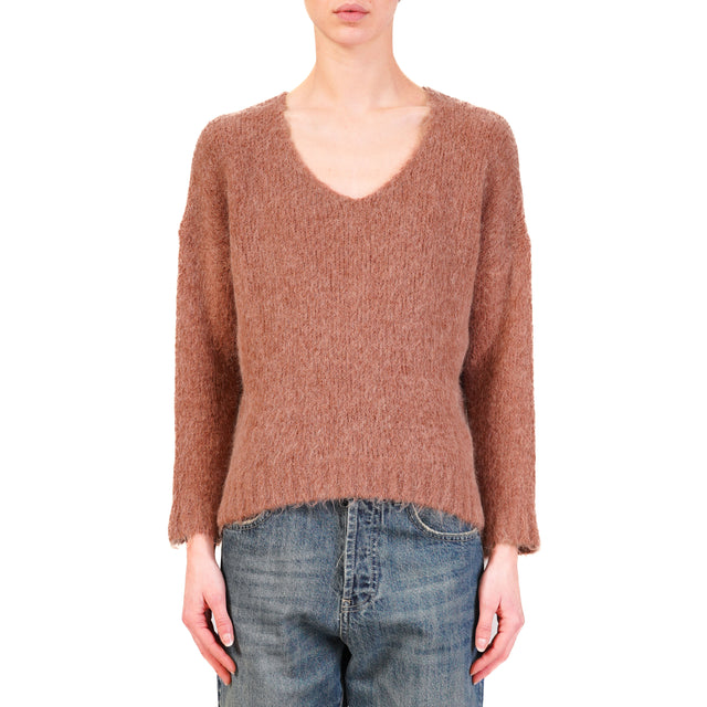 Zeroassoluto-Maglia scollo v largo alpaca corta davanati - blush