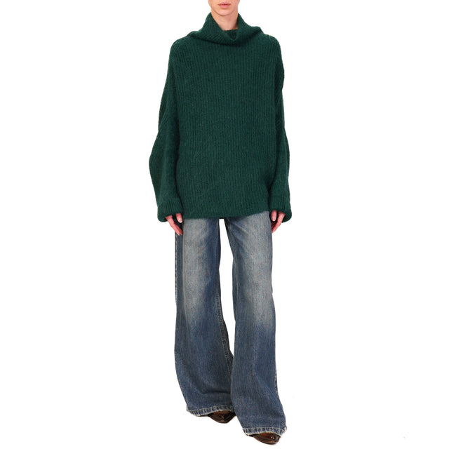 Kontatto-Maglia mohair scatola collo alto a coste - VERDE