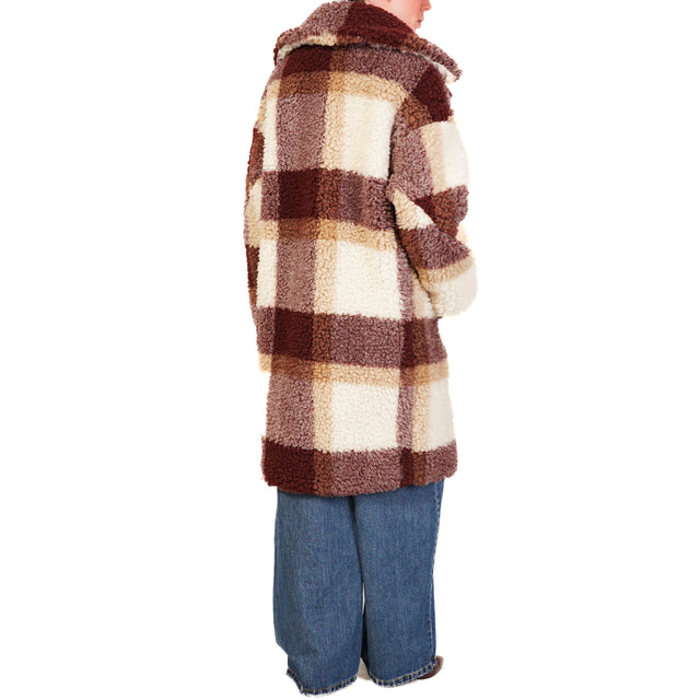 Tensione in-Cappotto teddy check con spille - bordeaux/latte/beige