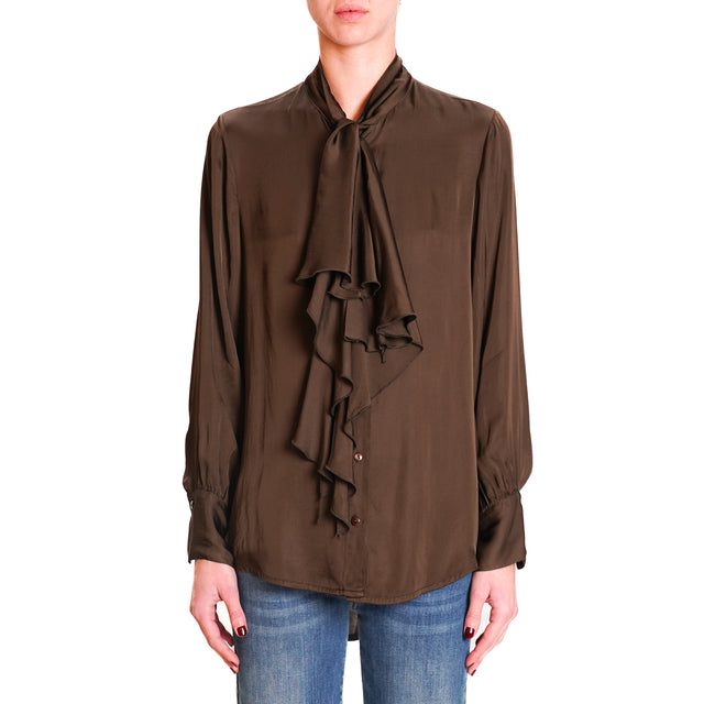 Vicolo-Satin Shirt with Jabot - Dark Brown