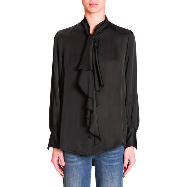 Vicolo-Satin Shirt with Jabot - Black