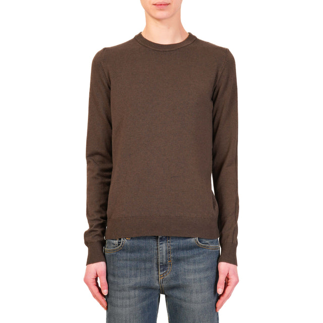 Haveone-Ribbed Crewneck Sweater - Dark Brown