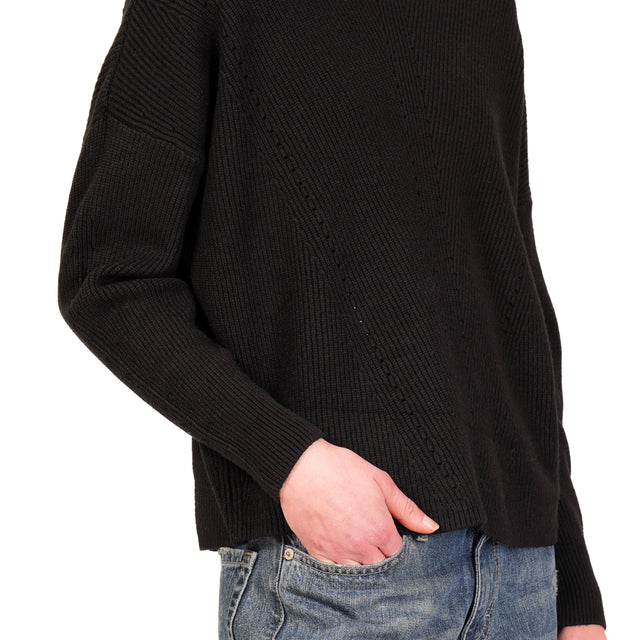 Haveone-Ribbed Crewneck Sweater - Black