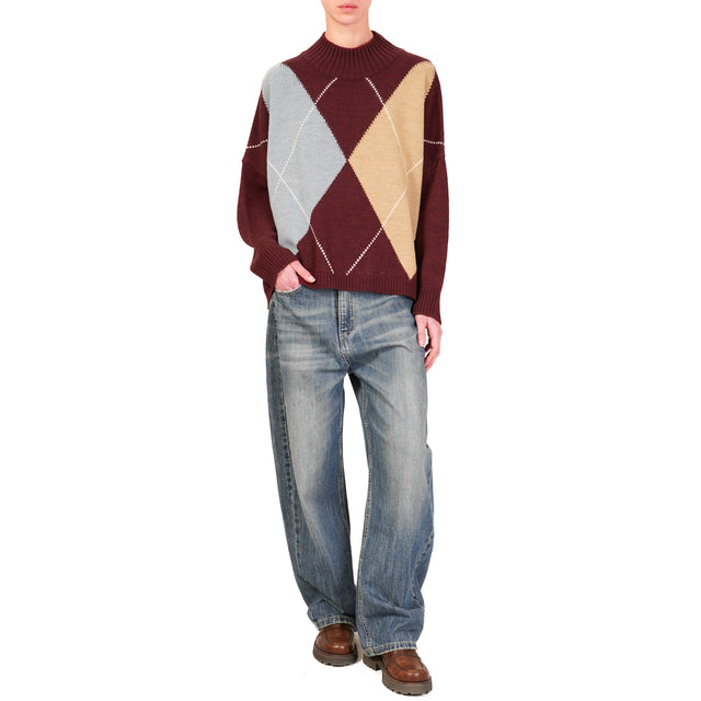 Haveone-Alpaca Mixed Box Diamond Sweater - Wine/Blue/Camel