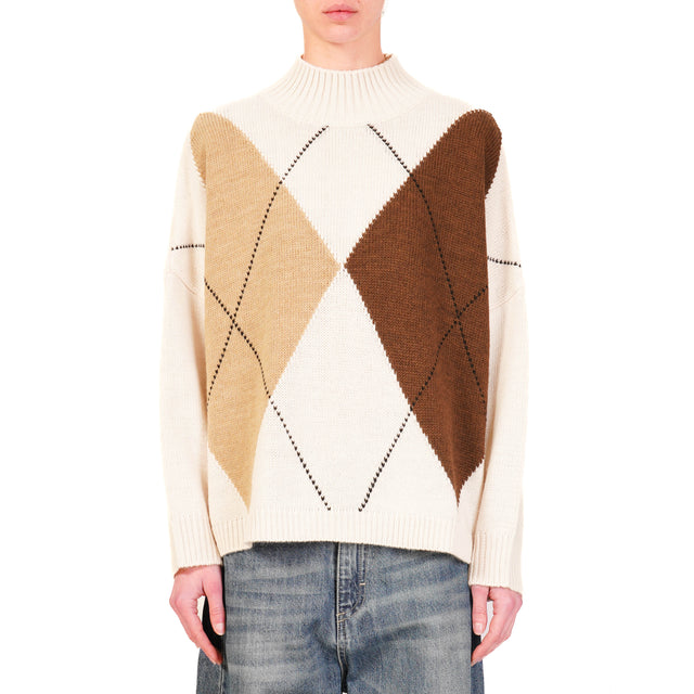 Haveone-Alpaca Mixed Box Diamond Sweater - Butter/Camel/Mocha