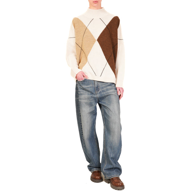 Haveone-Alpaca Mixed Box Diamond Sweater - Butter/Camel/Mocha