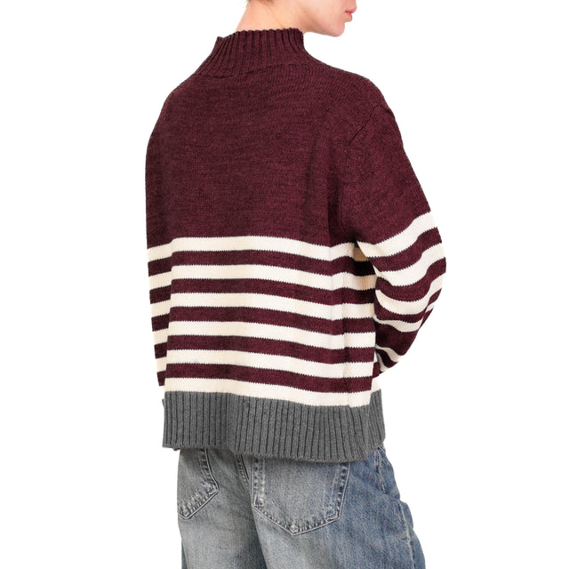 Tensione in-Maglia righe collo montato - bordeaux/burro/grigio