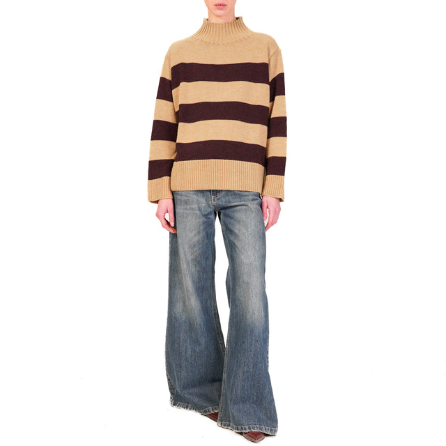 Tensione in-Maglia a righe misto alpaca - camel/bordeaux