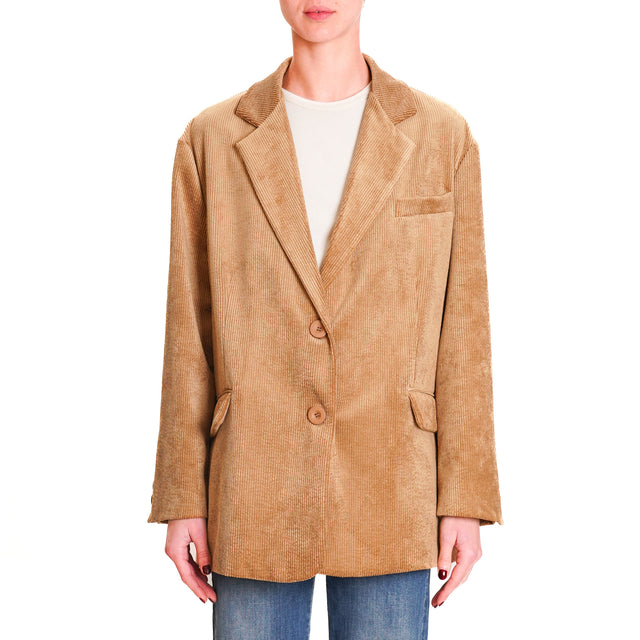 Dixie-500 Striped Velvet Oversized Deconstructed Jacket - Camel