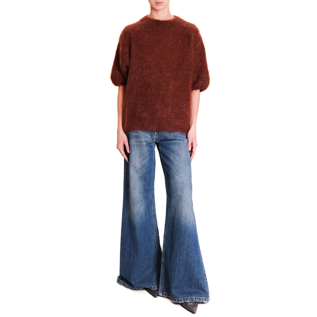 Dixie-Mohair Crewneck Half Sleeve Sweater - Coffee