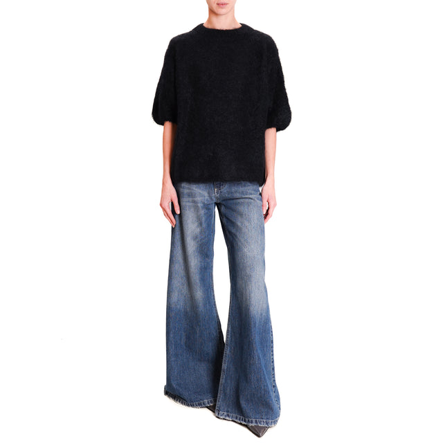 Dixie-Mohair Crewneck Half Sleeve Sweater - Black