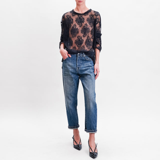 Haveone-Lace Blouse Side Slits - Black