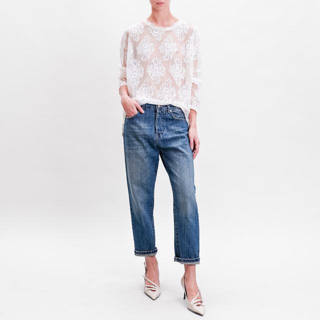 Haveone-Lace Blouse Side Slits - Butter