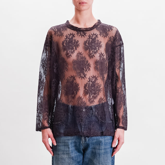 Haveone-Lace Blouse Side Slits - Chocolate