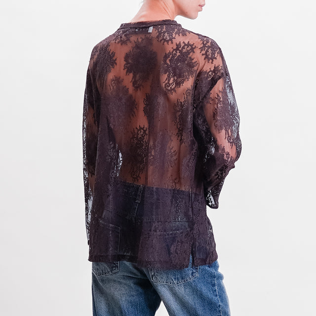 Haveone-Lace Blouse Side Slits - Chocolate