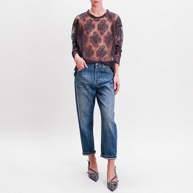 Haveone-Lace Blouse Side Slits - Chocolate