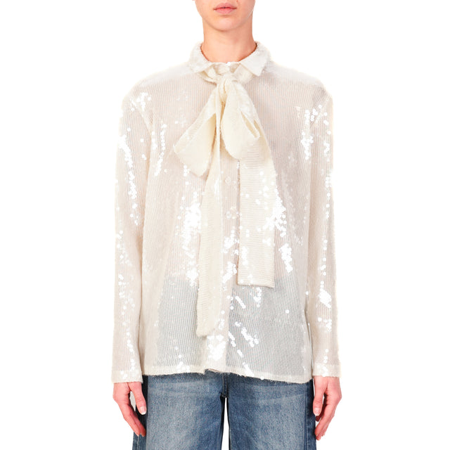 Haveone-Camicia paillettes con fiocco - panna