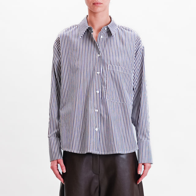 Haveone-Striped Shirt with Pocket - White/Blue/Dark Brown