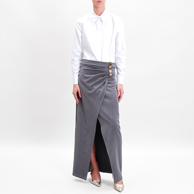 Haveone-Straight Skirt Front Slit Double Buckle - Grey