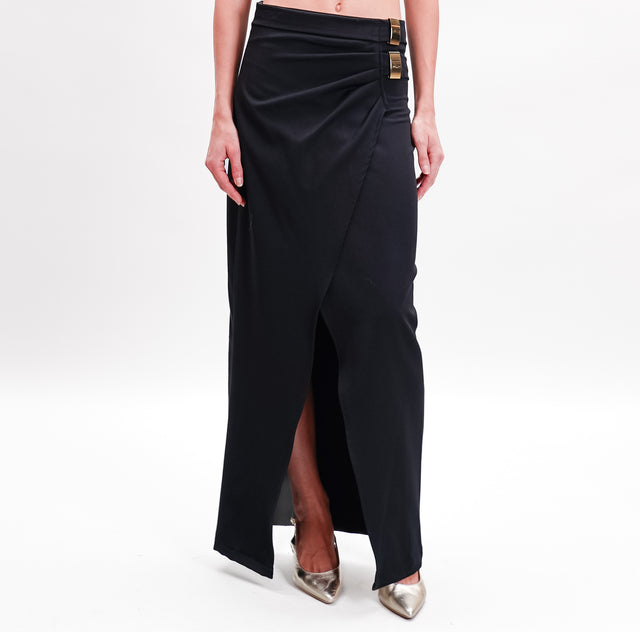 Haveone-Straight Skirt Front Slit Double Buckle - Black