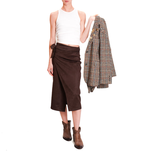 Haveone-Suede Effect Wrap Skirt - Dark Brown