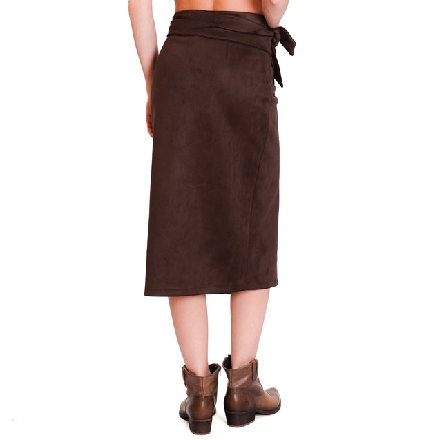 Haveone-Suede Effect Wrap Skirt - Dark Brown