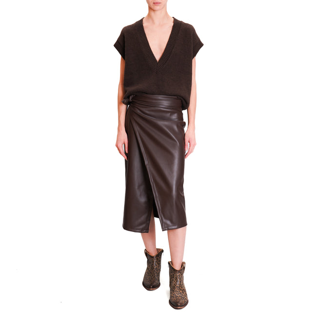 Haveone-Leatherette Wallet Skirt - Dark Brown