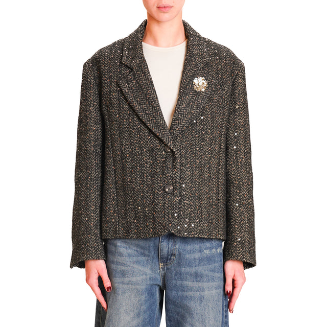 Haveone-2/4 Herringbone Jacket with Micro Sequins - Beige/Black