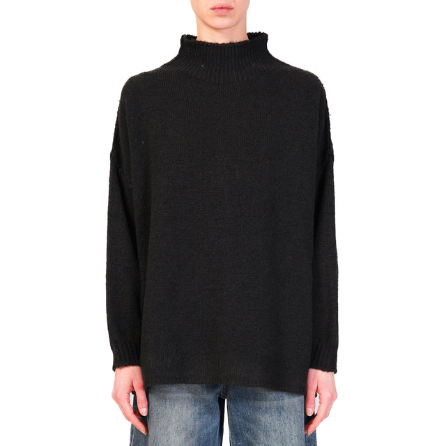 Haveone-Alpaca Blend Mounted Collar Sweater - Black