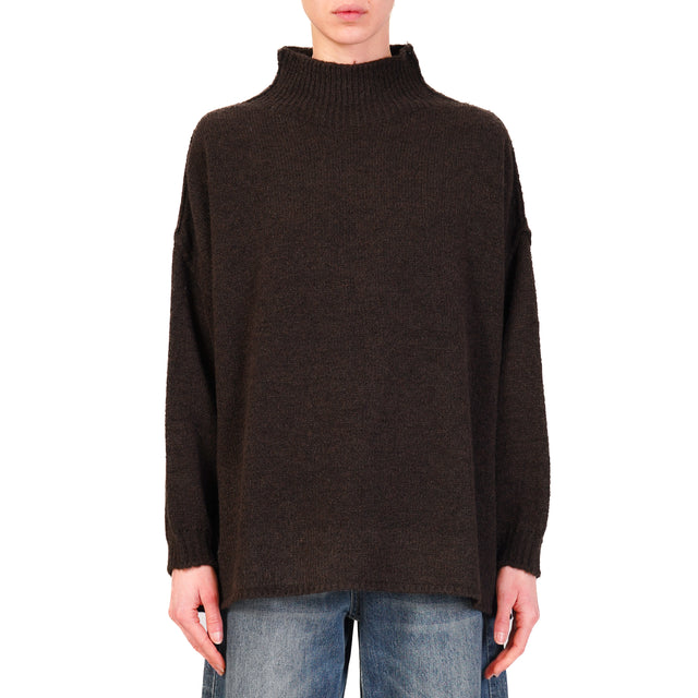 Haveone-Alpaca Blend Mounted Collar Sweater - Dark Brown