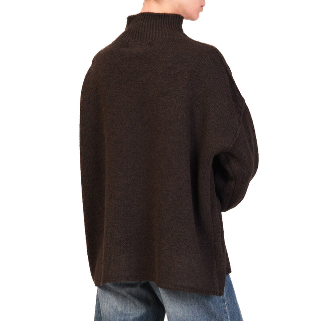 Haveone-Alpaca Blend Mounted Collar Sweater - Dark Brown