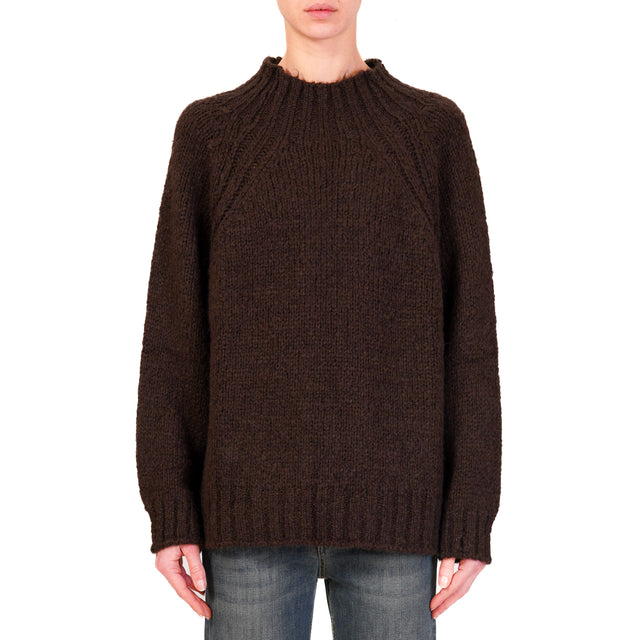 Haveone-Alpaca Blend Crater Neck Sweater - Dark Brown