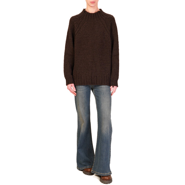 Haveone-Alpaca Blend Crater Neck Sweater - Dark Brown