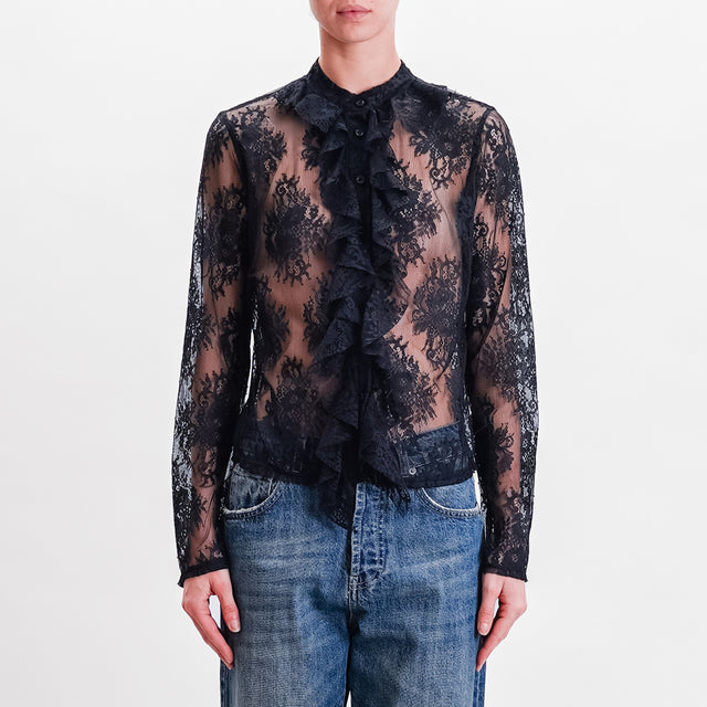 Haveone-Lace Ruffle Blouse - Black