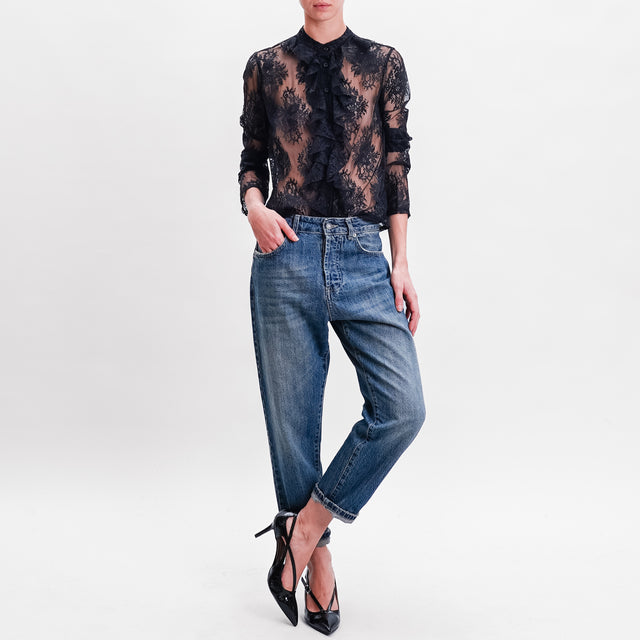 Haveone-Lace Ruffle Blouse - Black