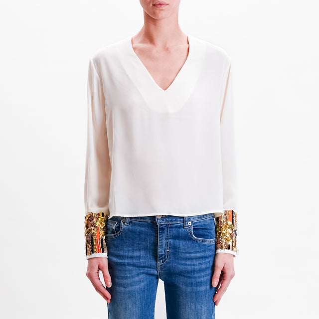 Haveone-V-Neck Blouse with Sequin Detail - Milk