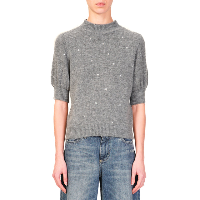 Haveone-Maglia misto lana mezza manica con strass - grigio